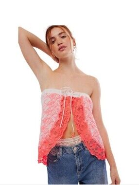 Free People Day Glow Tube Top Strapless Lace-Trim Top in Neon Coral and White